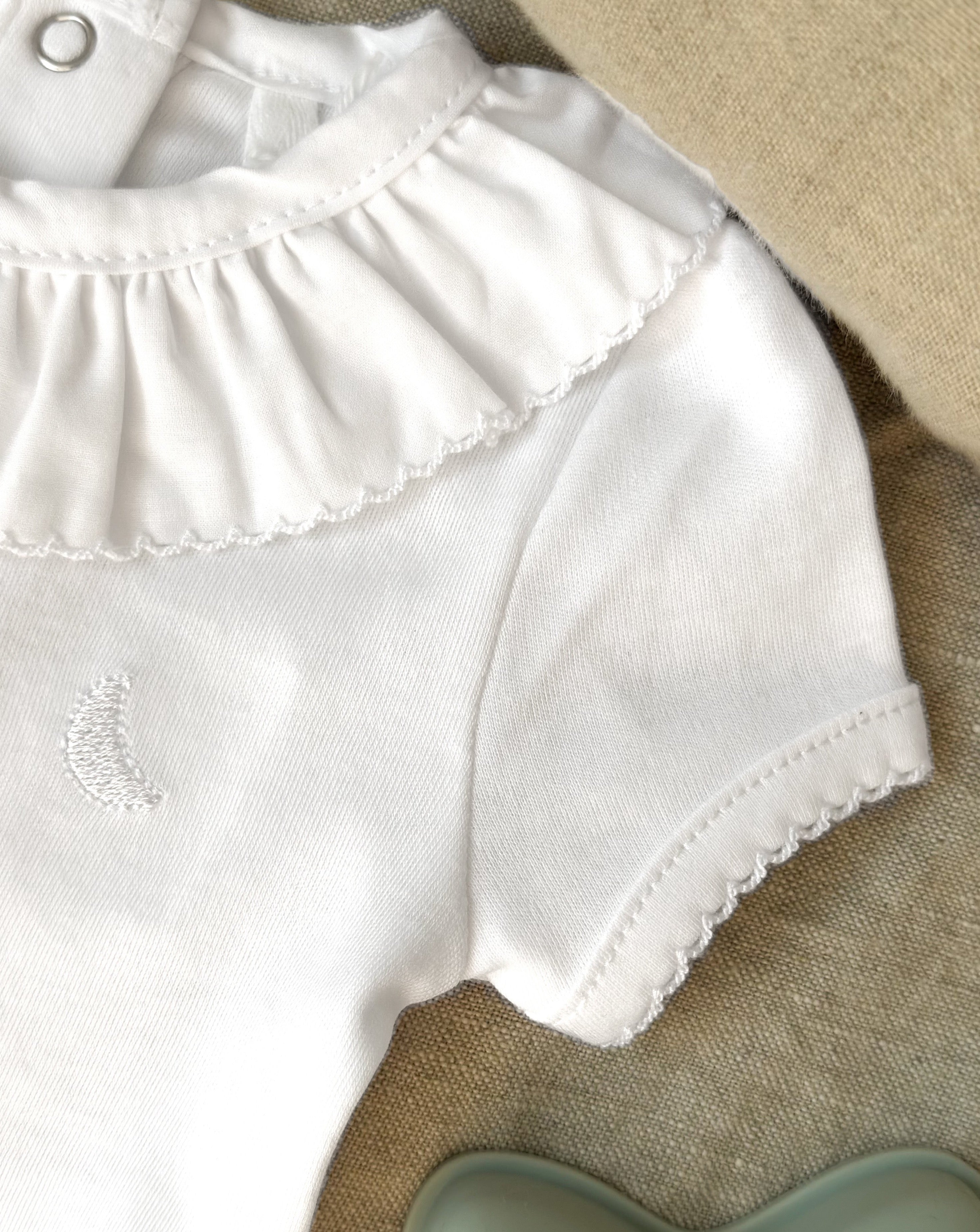 White Ruffle Neck Short Sleeve Bodysuit