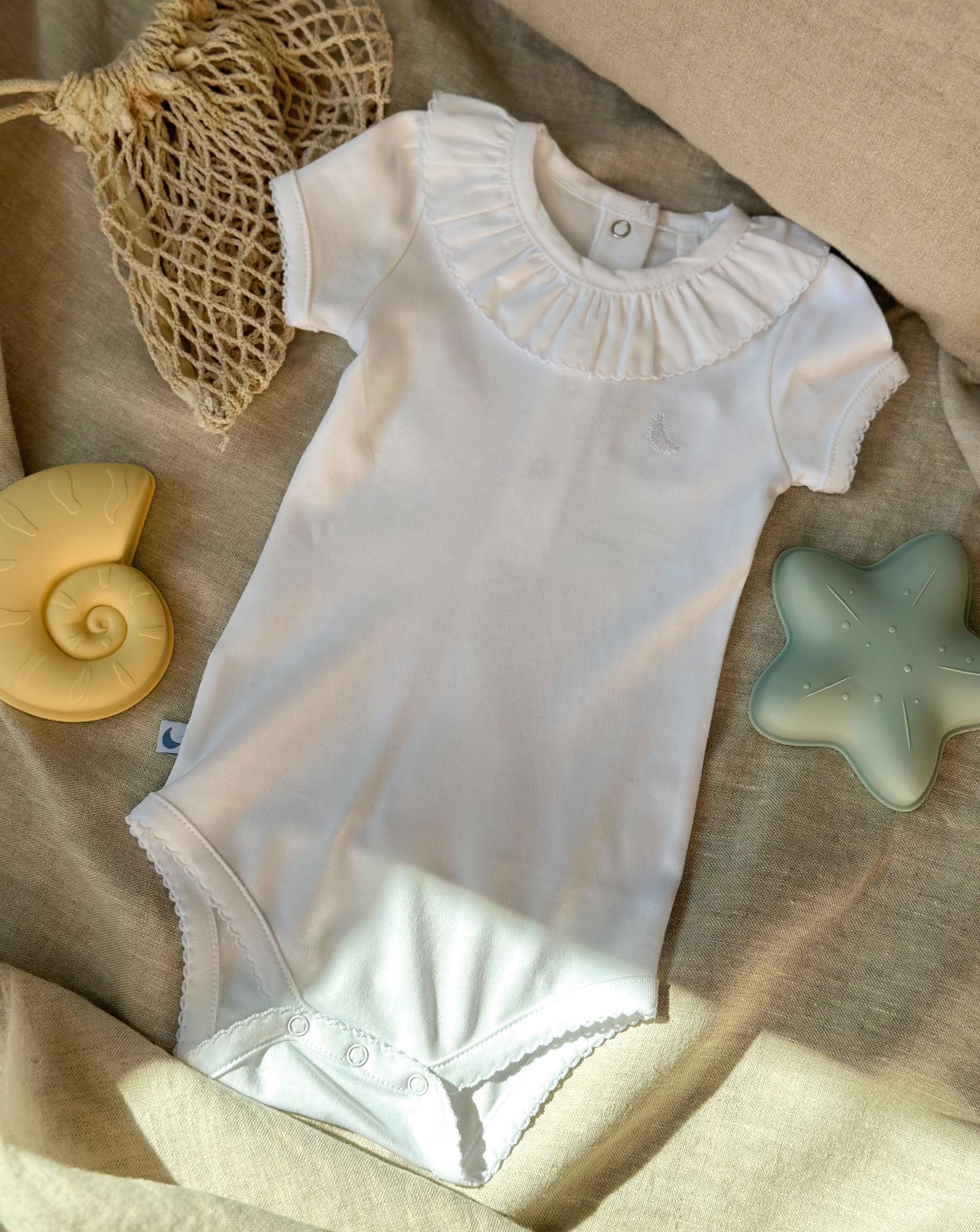 White Ruffle Neck Short Sleeve Bodysuit