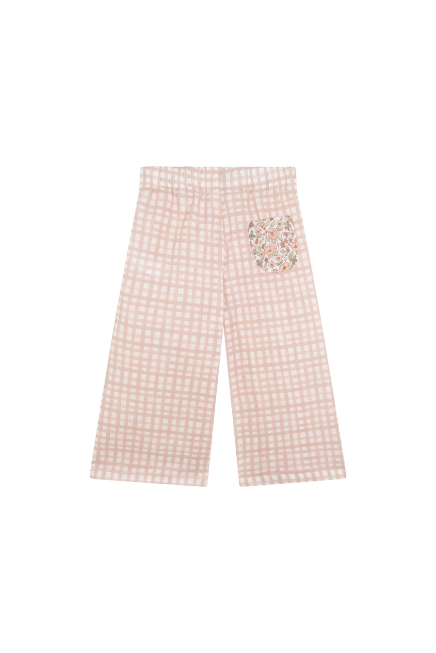 Pantalon long pour fille en vichy rose et fleurs