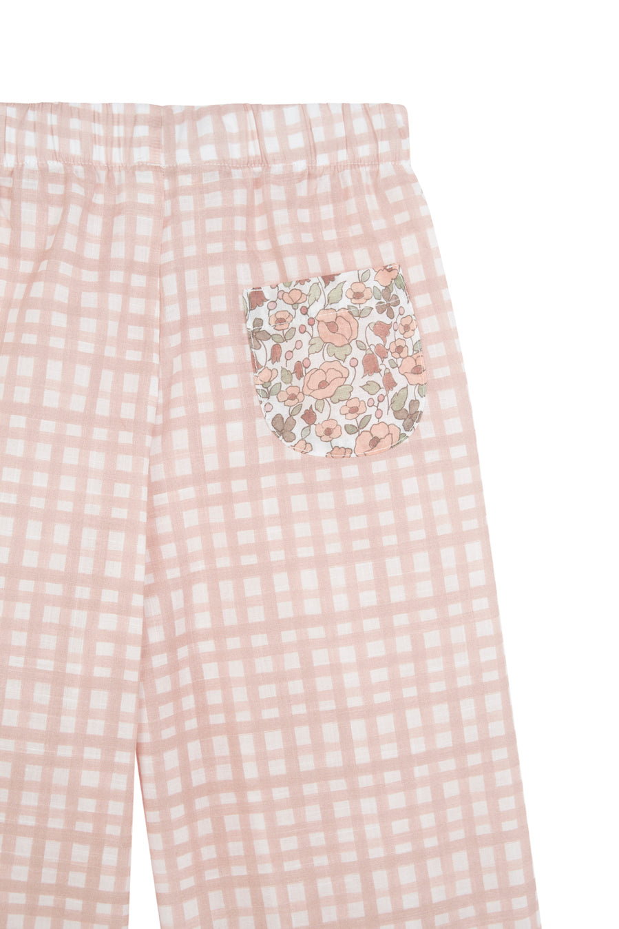 Pantalon long pour fille en vichy rose et fleurs