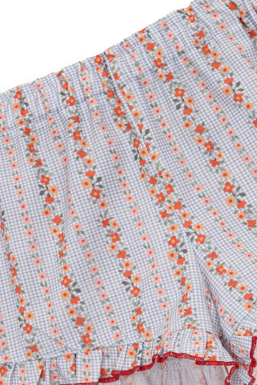 Blue Vichy Shorts with Red Flowers