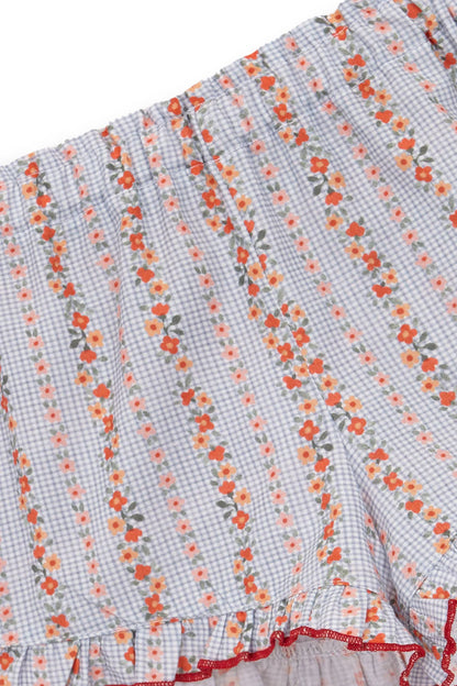 Blue Vichy Shorts with Red Flowers