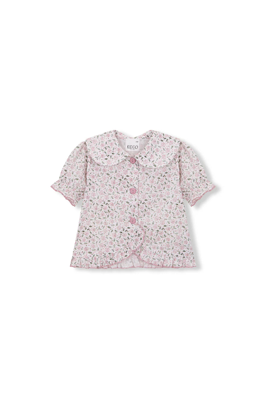 Blusa Volante Cruzado Flores Rosas y Verdes